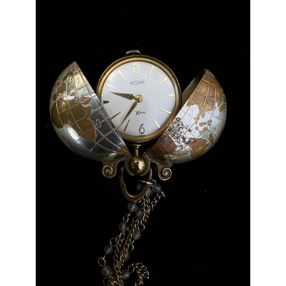 Rare Vintage Medana Xtensa Globe Pocket Watch Swiss Mechanical Clamshell
